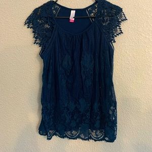 Blue lace capped sleeve blouse